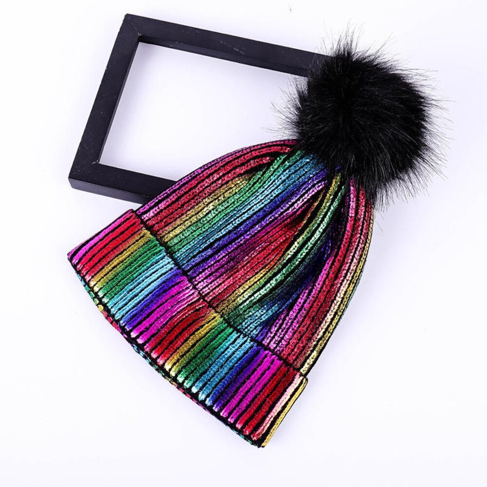 Rainbow Beanie with pom pom colorful